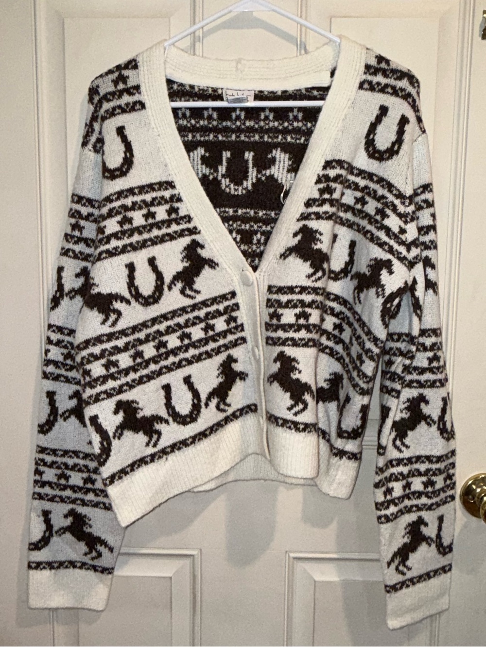 NWOT White & Brown Western Horse Pattern V-Neck Cardigan